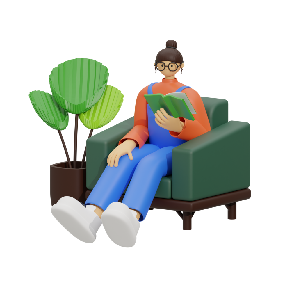 3d illustration Sammanträde i de soffa med läsning bok png