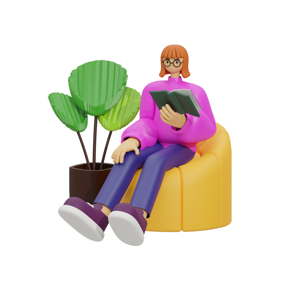3d illustration sitting in the sofa with reading book png