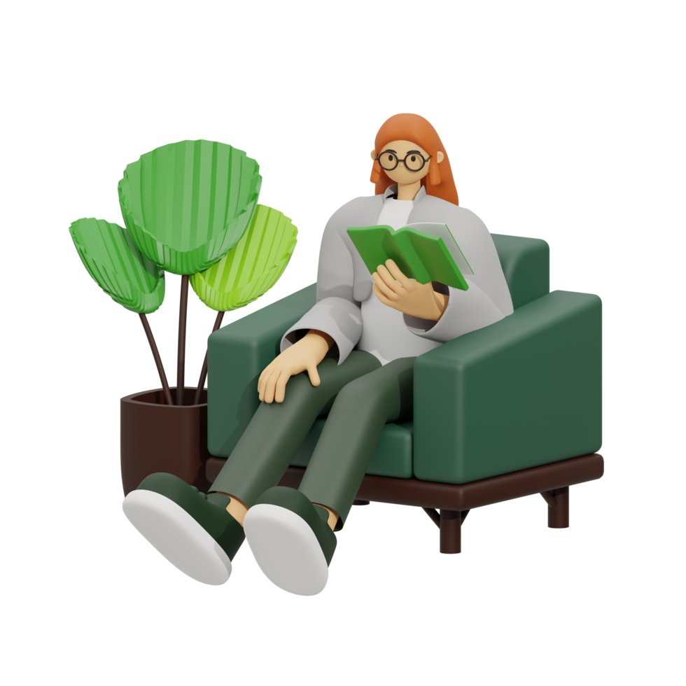 3d illustration sitting in the sofa with reading book png