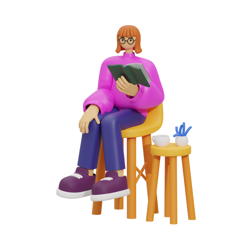 3d illustration sitting in the sofa with reading book png