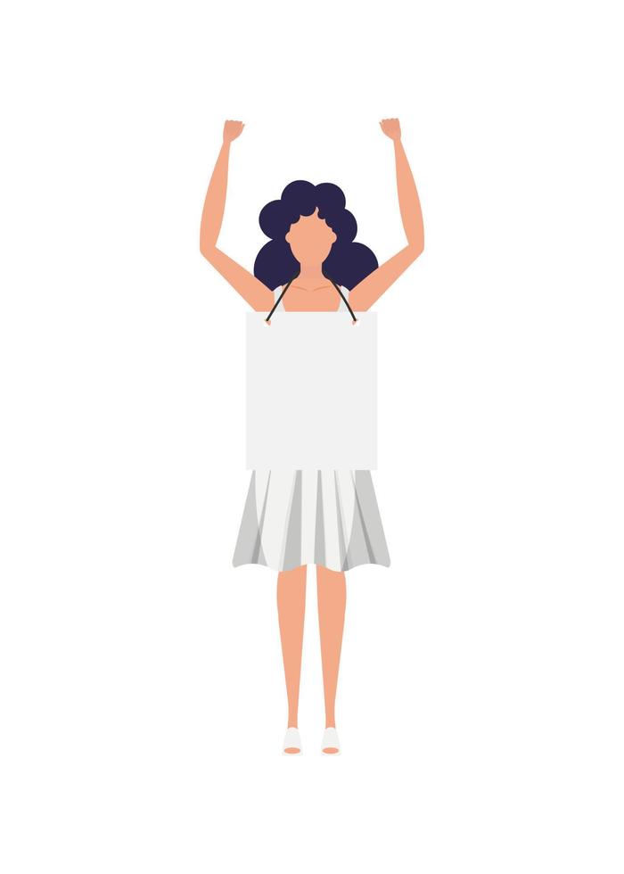 A girl in full growth protests with a banner. Isolated. Flat style. Vector illustration.