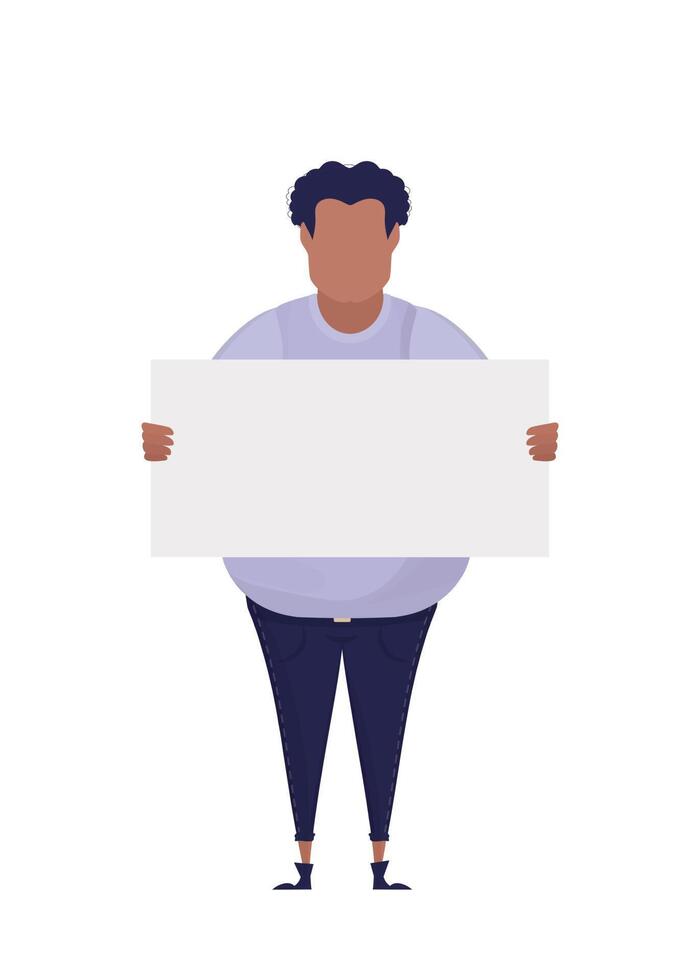 A guy with an empty banner in his hands. Protest poster. Vector illustration.