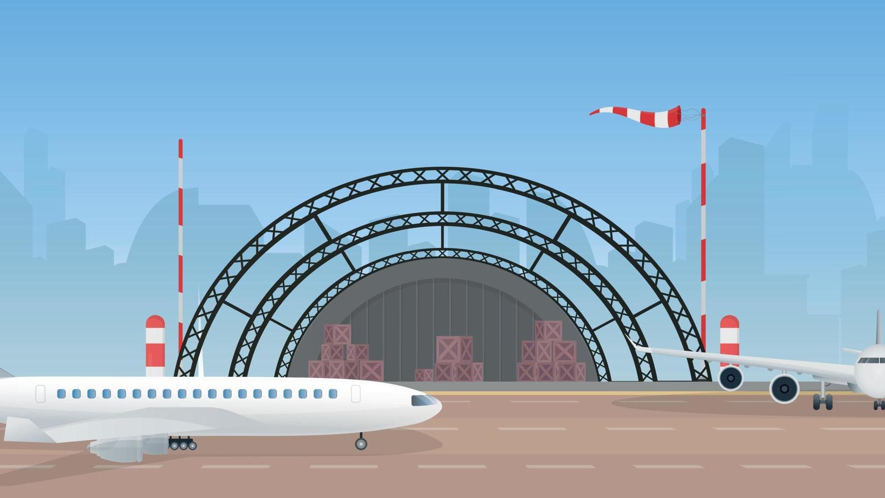 aeropuerto con militar aeronave, quitarse tira y aviación controlar punto. dibujos animados estilo. vector
