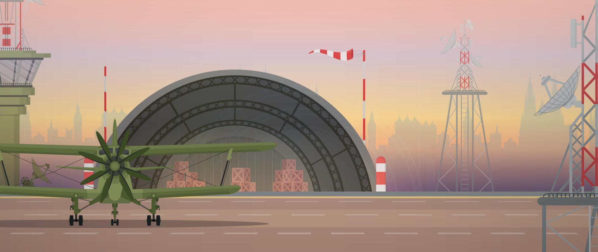 Airport with military aircraft, runway and aviation control point. Cartoon style. vector