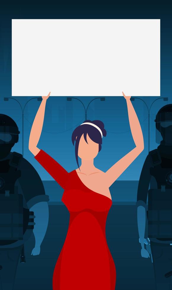 un mujer con un bandera en el antecedentes de el ciudad. protesta concepto. vector ilustración.