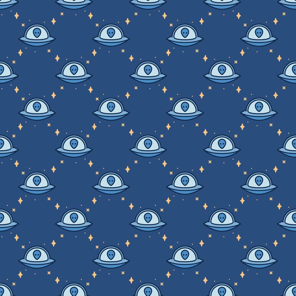 Flying Saucer with Alien in Space vector colored seamless pattern