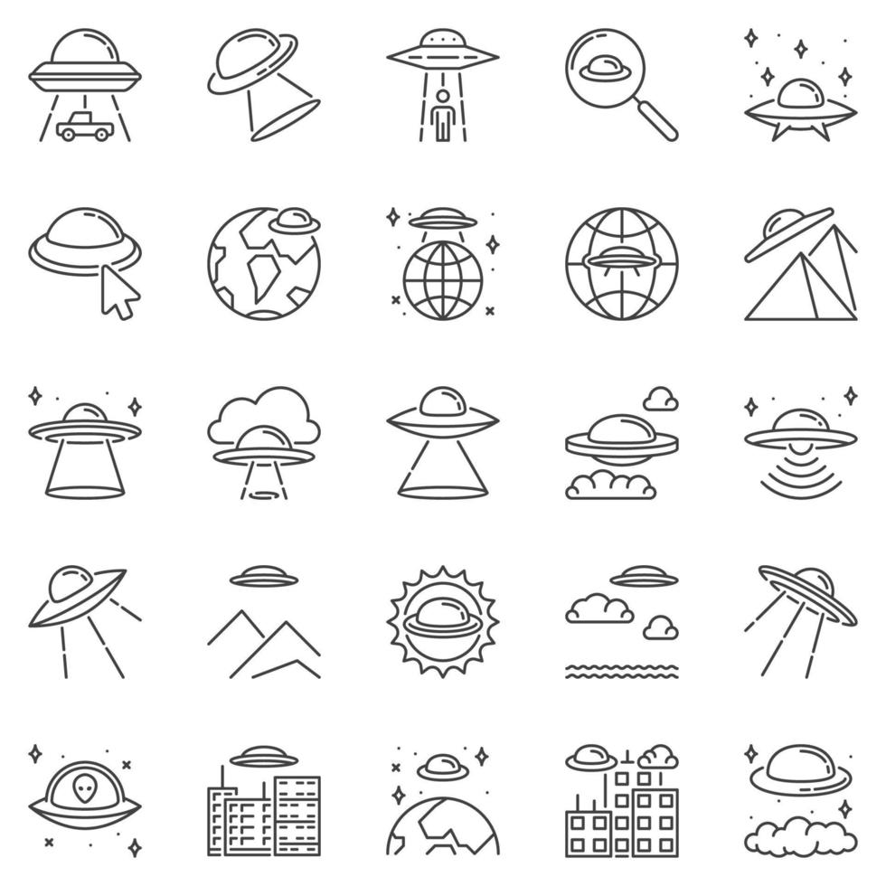 UFO Outline icons set - Unidentified Flying Object linear vector symbols