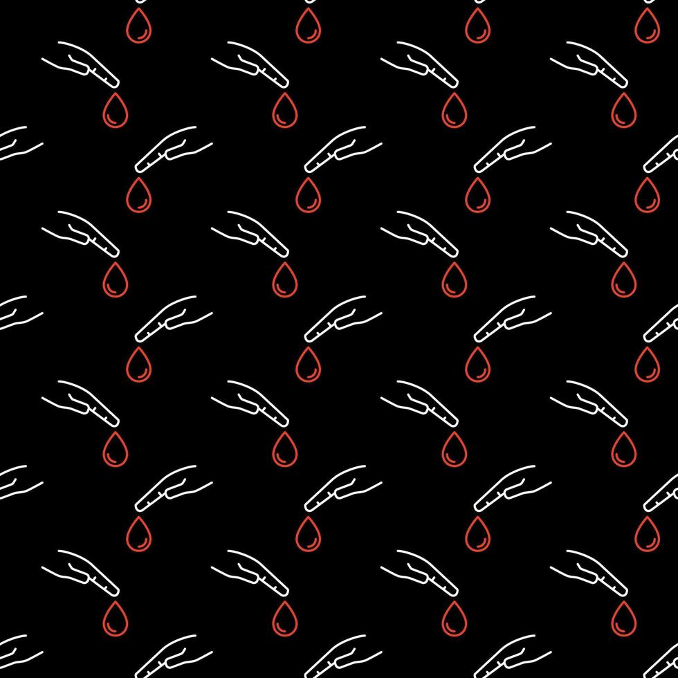 Hand with Blood Drop vector Diabetes Test line dark seamless pattern