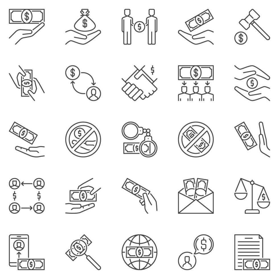 Corruption outline icons set - Bribery concept linear symbols vector