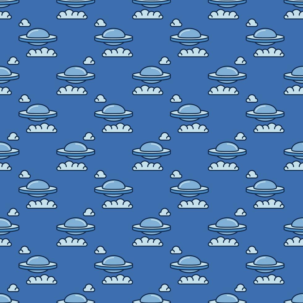 UFO Flying Saucer in Sky with Clouds vector seamless pattern