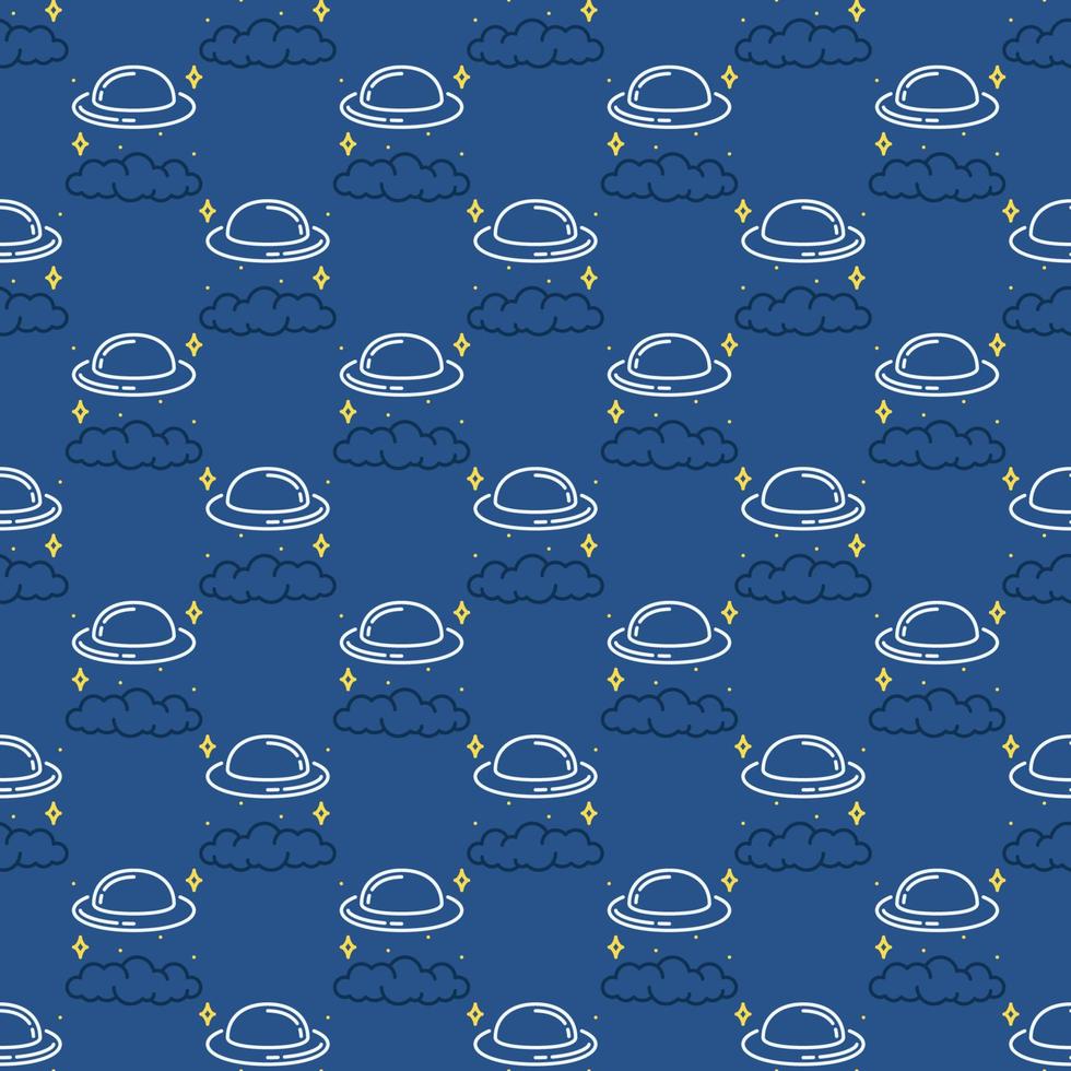 Flying Saucer in Clouds vector UFO at Night concept creative seamless pattern