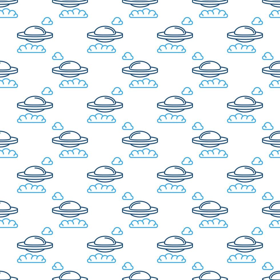 Alien Spaceship in Clouds vector concept outline seamless pattern