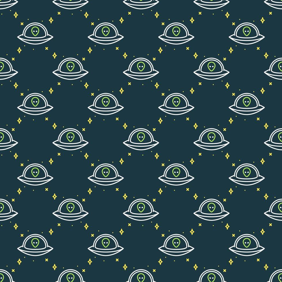 UFO with Alien in Space vector Extraterrestrial life line seamless pattern