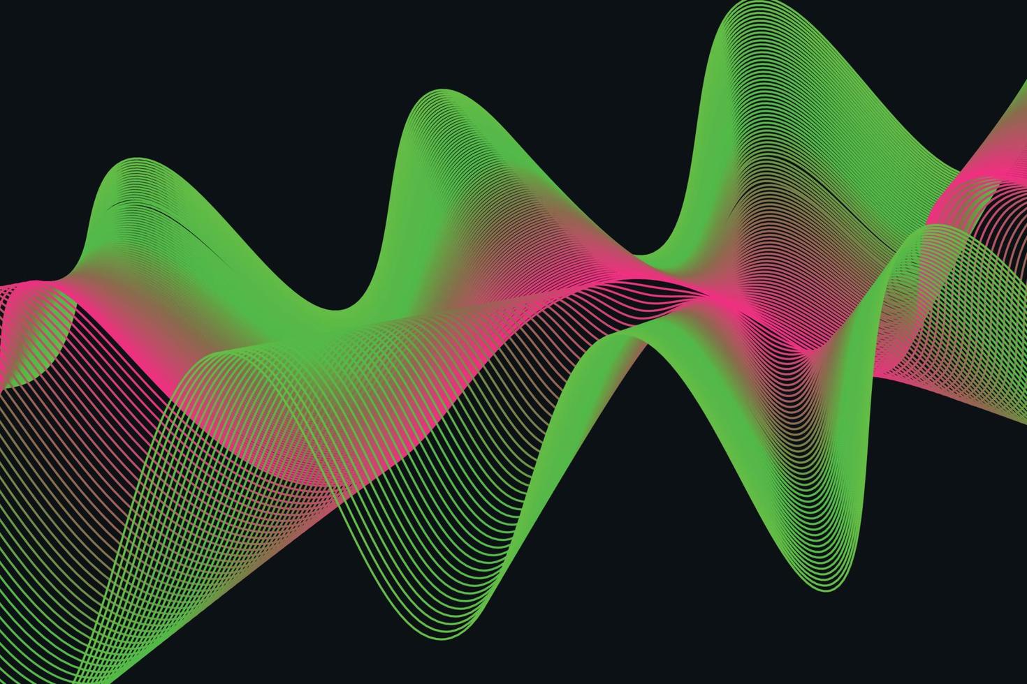 Abstract green and pink lines on a black background. Line art. Vector illustration. Colorful shiny wave with lines created using blend tool. Curved wavy line,smooth stripe.Design element.