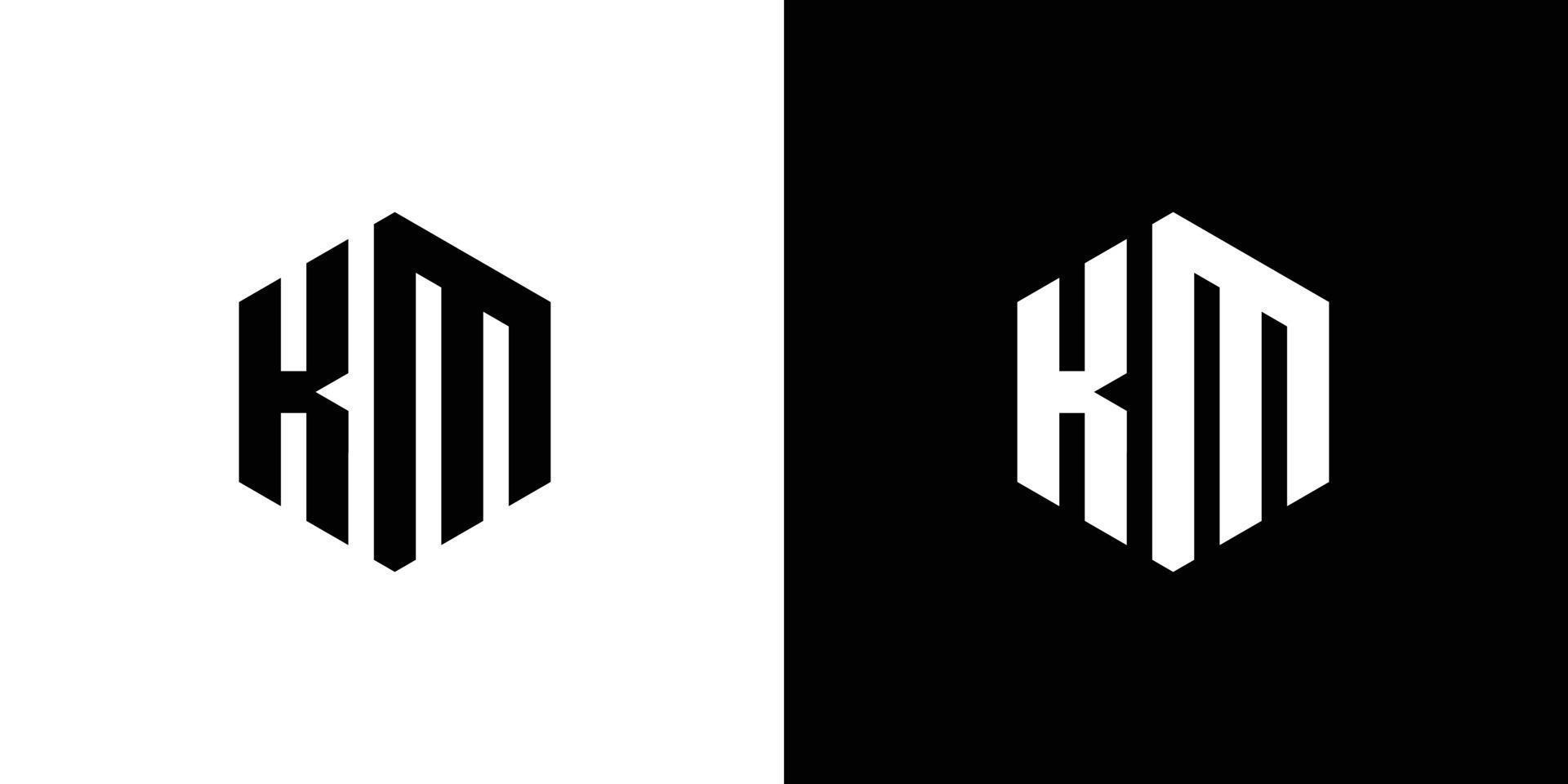 Letter K M Polygon, Hexagonal Minimal Logo Design On Black And White Background vector