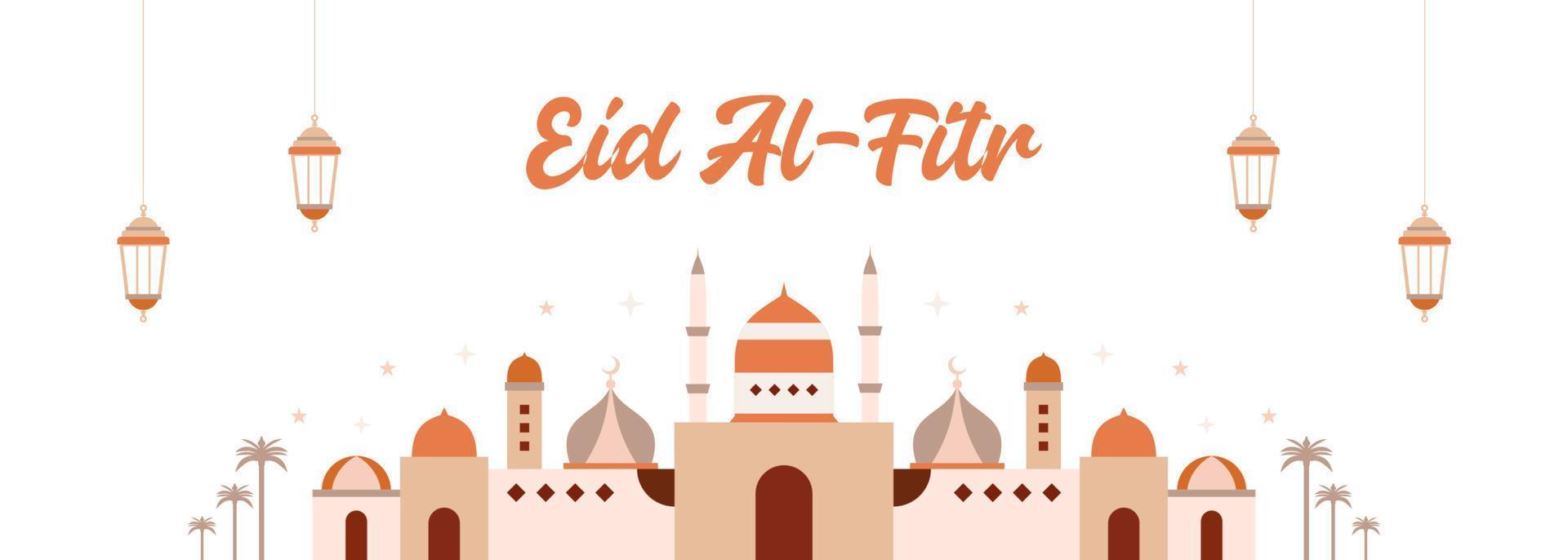 Eid al fitr banner background with big mosque and lanterns. vector