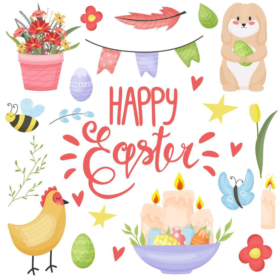 Banner Happy Easter. Modern vector holiday design with typography. Easter Bunny. Painted eggs. Modern minimalist style.