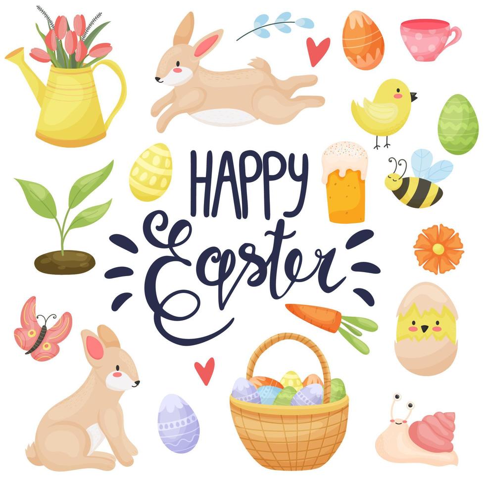 Banner Happy Easter. Modern vector holiday design with typography. Easter Bunny. Painted eggs. Modern minimalist style.