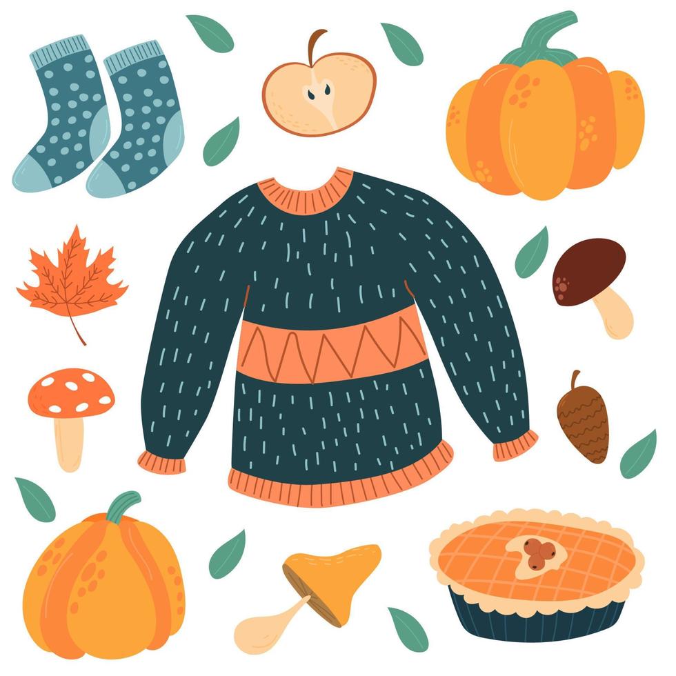 autumn icons sweater, falling leaves, cozy food, candles, book and cute hengehog. Scrapbook collection with autumn season elements. Bright background for the harvest. vector