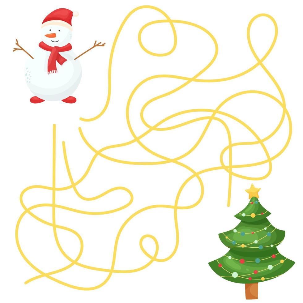 New Year's children's labyrinth. Snowman and tree. New Year. Children's puzzle. The game. Logics. vector