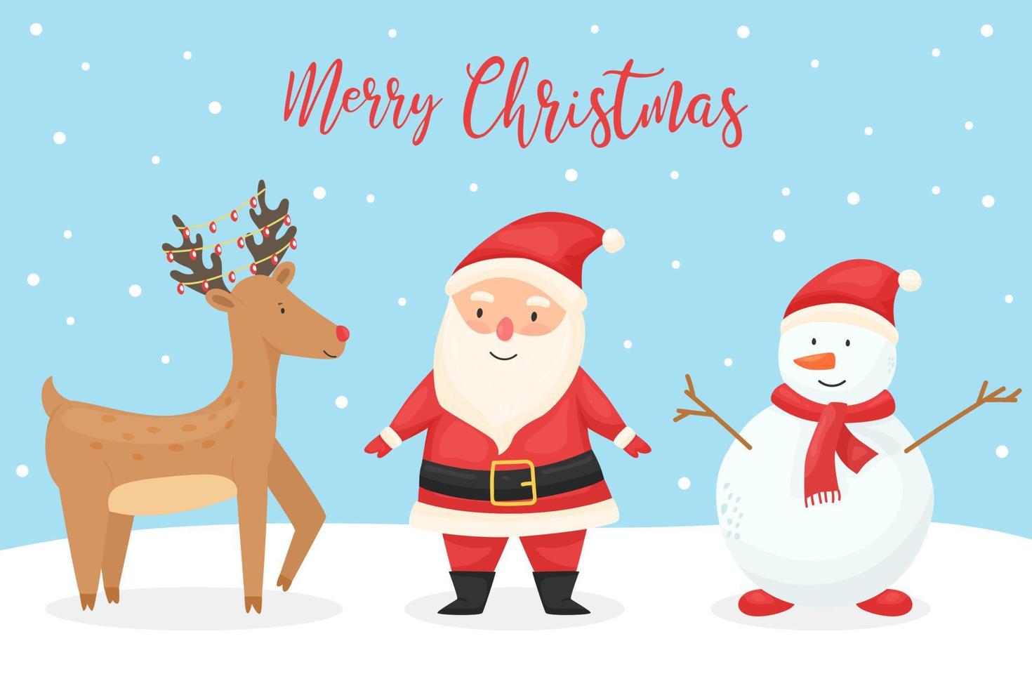 Reindeer, Santa Claus, snowman. Cartoon style. Winter. Christmas card. Snow. Cartoon style. For your design. vector