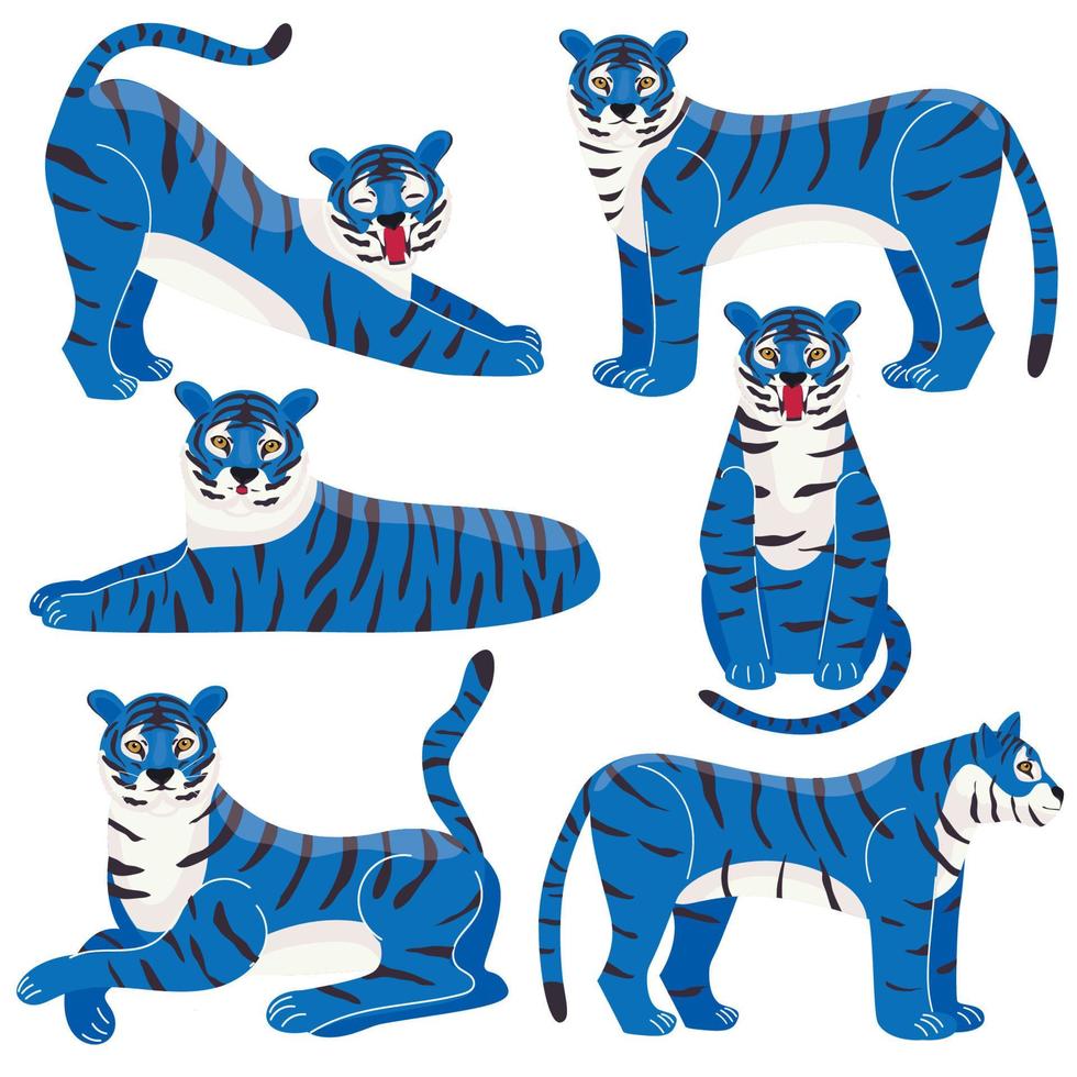 Blue tiger. The symbol of 2022. Japanese tiger. Animals. Vector illustration in a modern flat style.