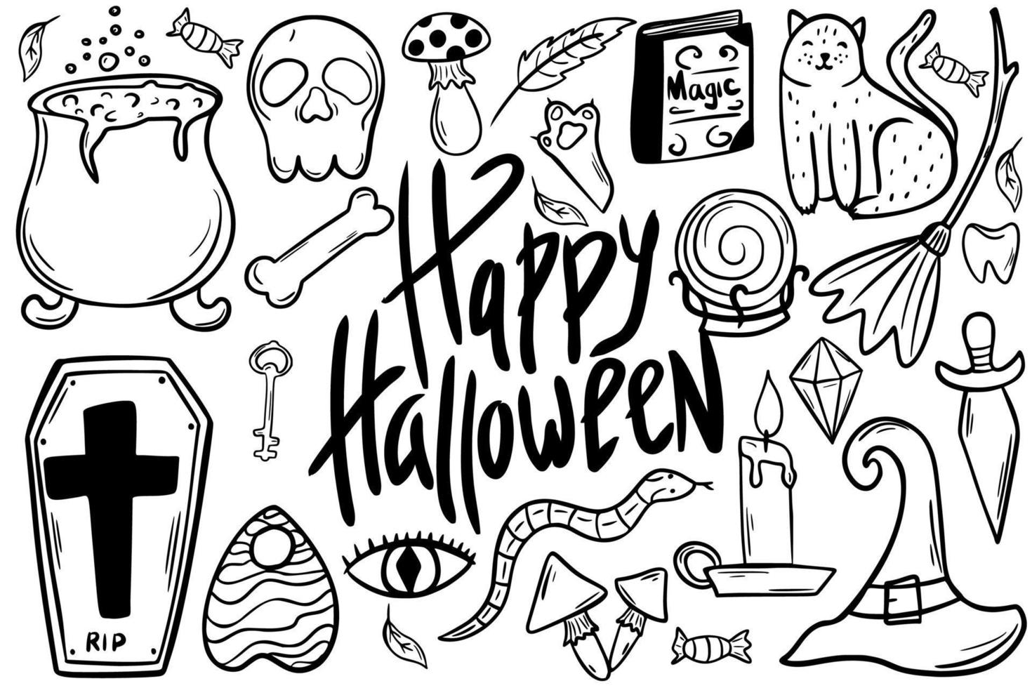Magic set. A large set of occult items. Halloween. Witch things. Cute cartoon set. vector