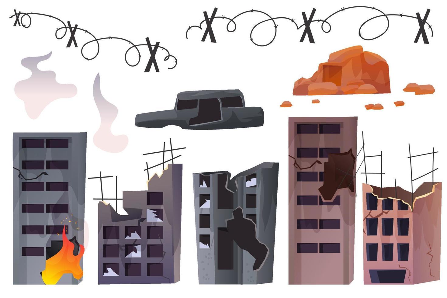 Destroyed city after the war. Consequences of the war. Destroyed houses. Vector illustration in modern style.