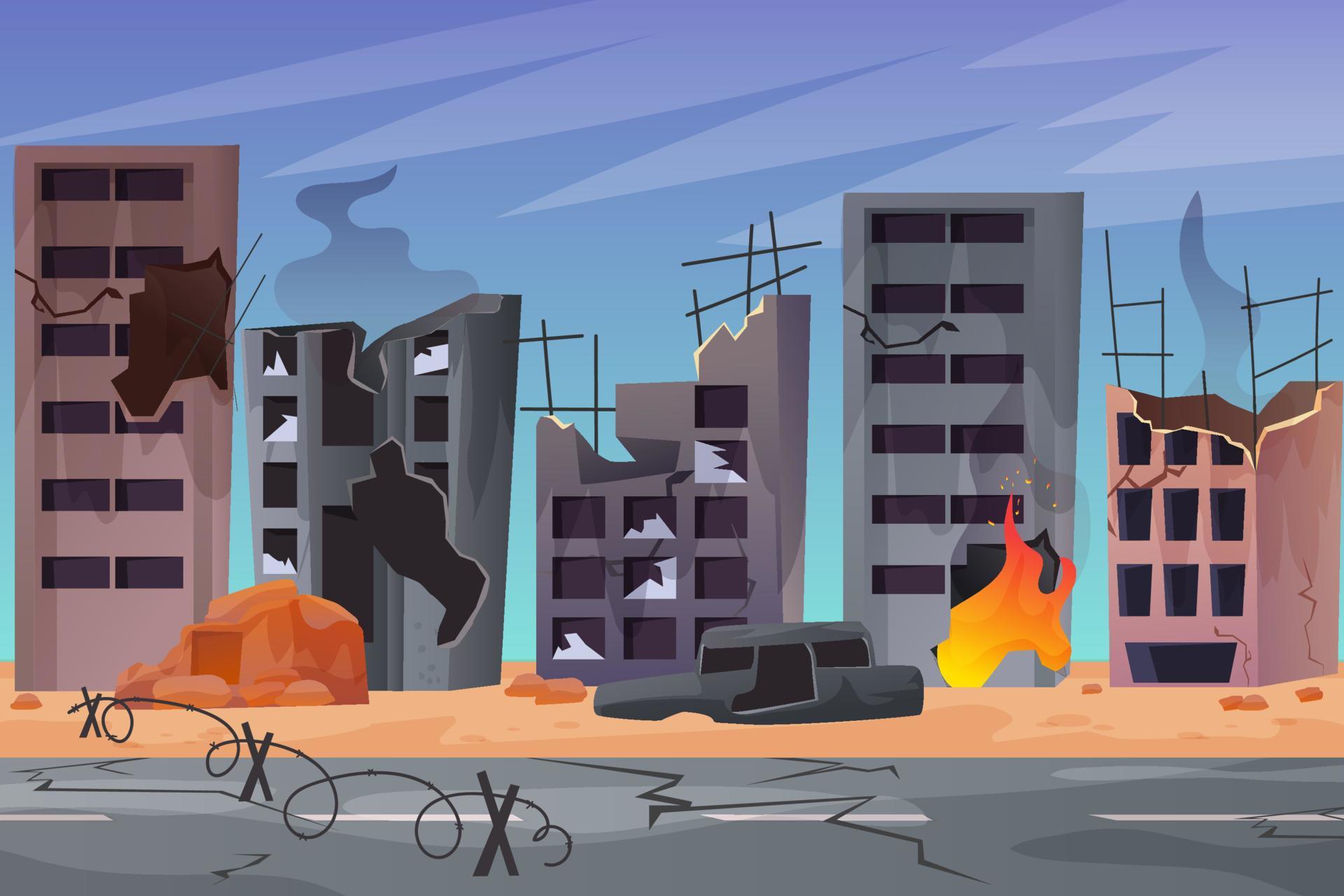 Destroyed city after the war. Consequences of the war. Destroyed houses. Vector illustration in