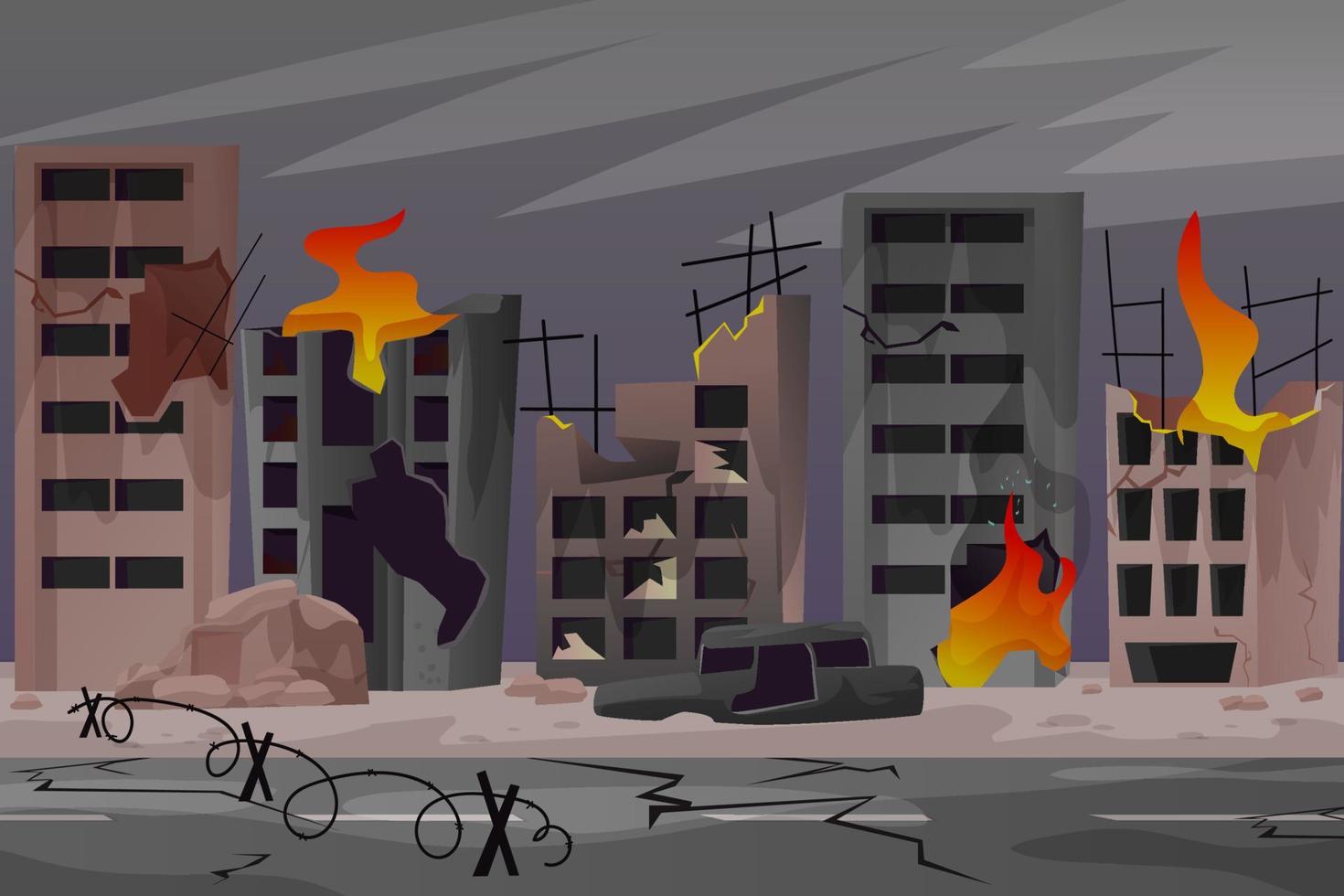 Destroyed city after the war. Consequences of the war. Destroyed houses. Vector illustration in modern style.