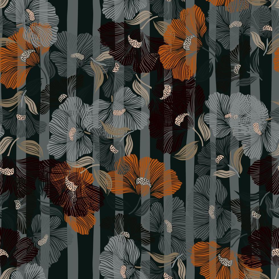 Delicate floral vintage outline endless background. Abstract flower line seamless pattern. vector