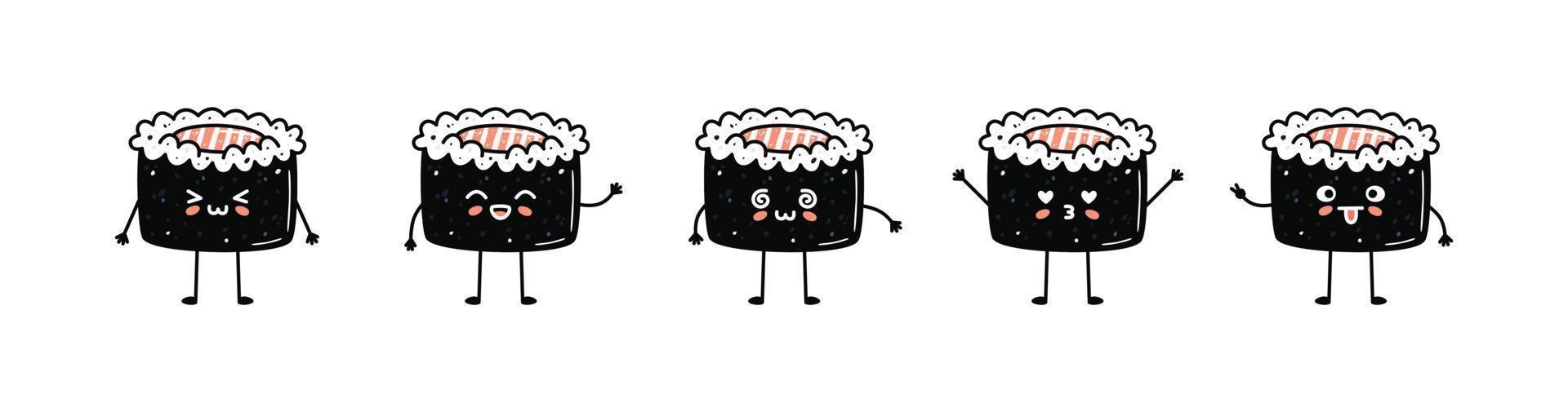 Set of kawaii maki sushi mascots in cartoon style vector