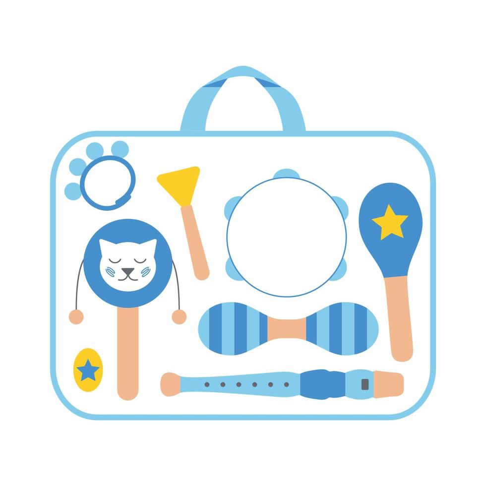 Hand drawn toy musical instruments for kids. Flat vector bag with toys illustration