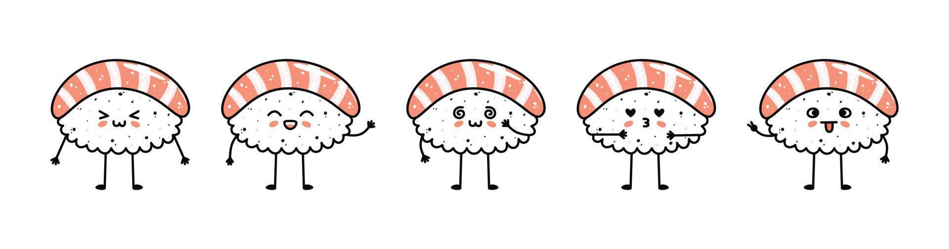 Set of kawaii nigiri sushi mascots in cartoon style vector