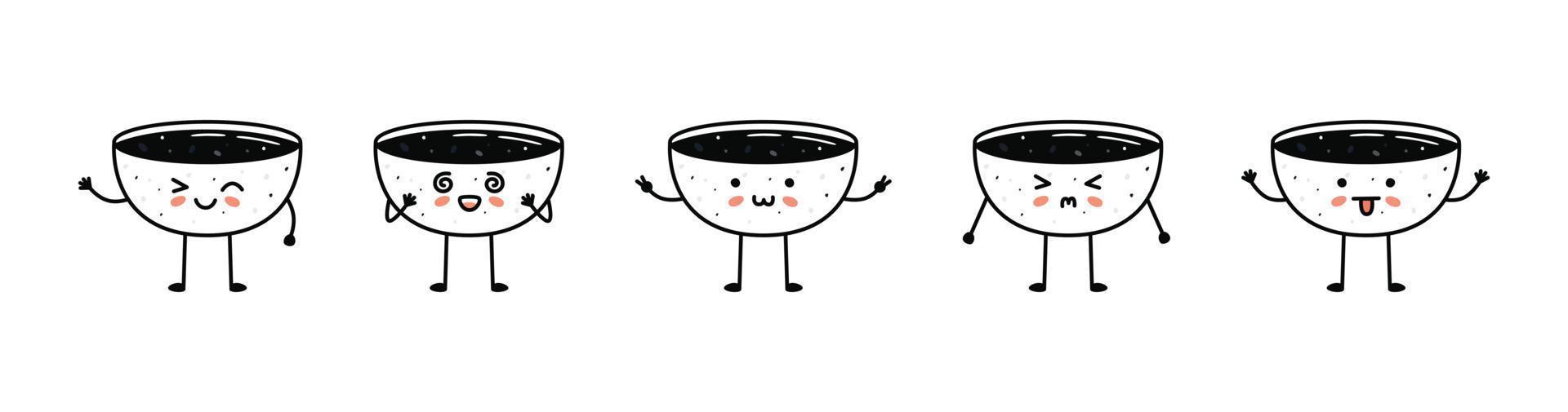 Set of kawaii soy sauce bowl sushi mascots in cartoon style vector