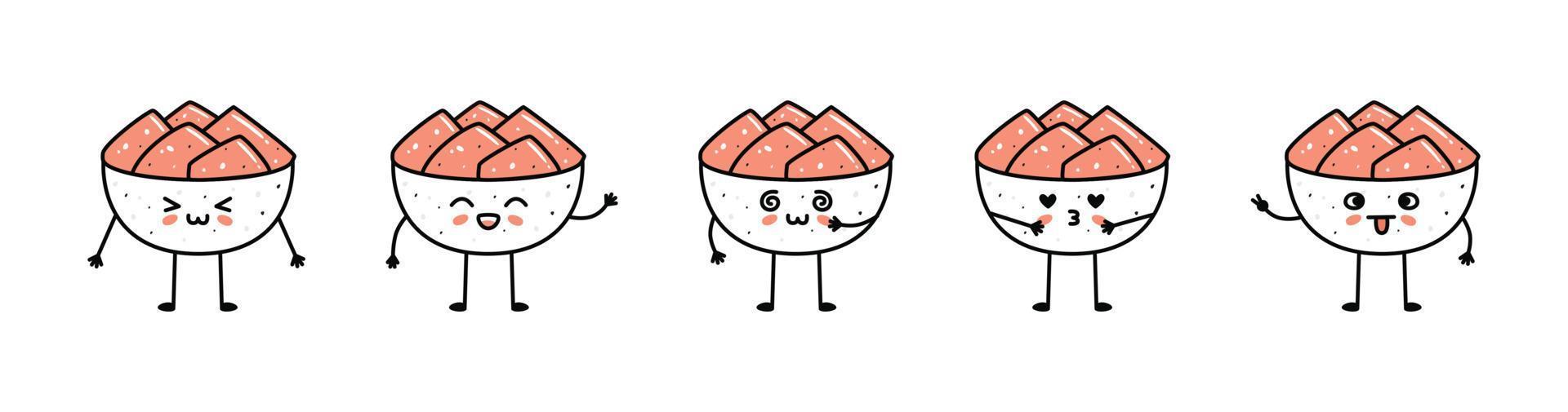 conjunto de kawaii jengibre cuenco Sushi mascotas en dibujos animados estilo vector