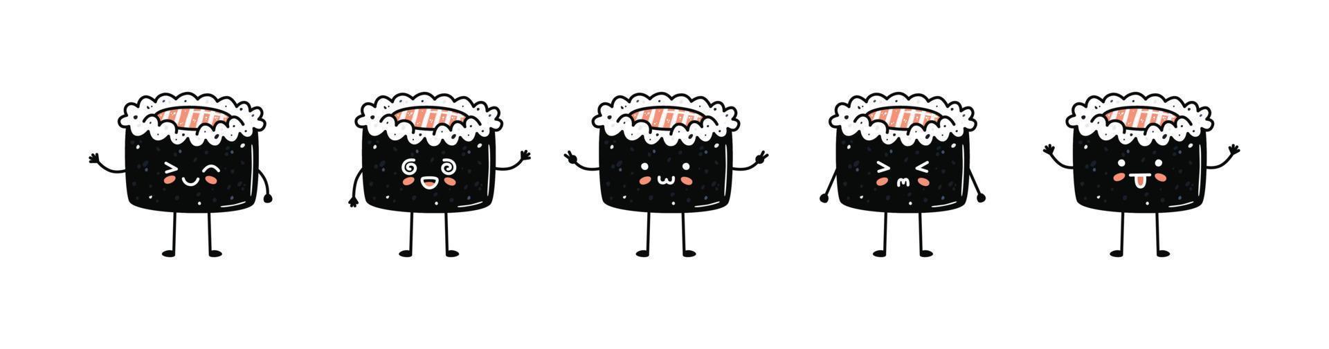Set of kawaii maki sushi mascots in cartoon style vector