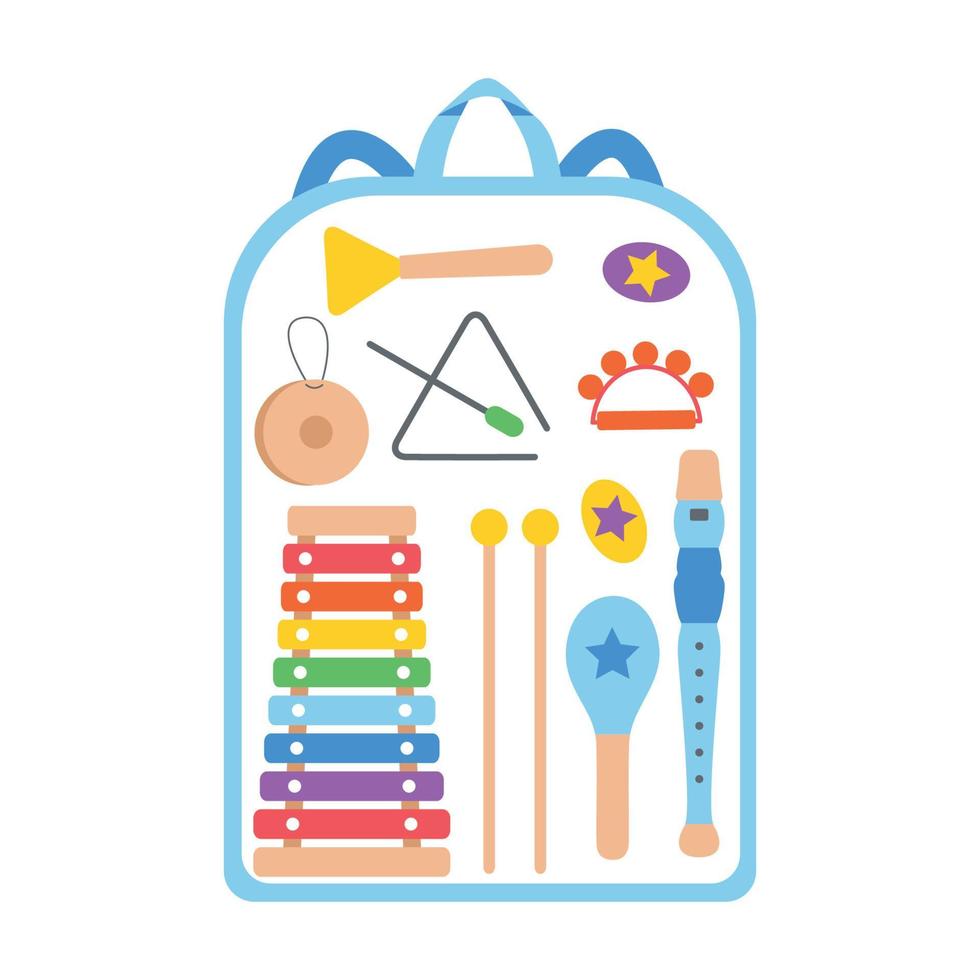 mano dibujado juguete musical instrumentos para niños. plano vector mochila con juguetes ilustración