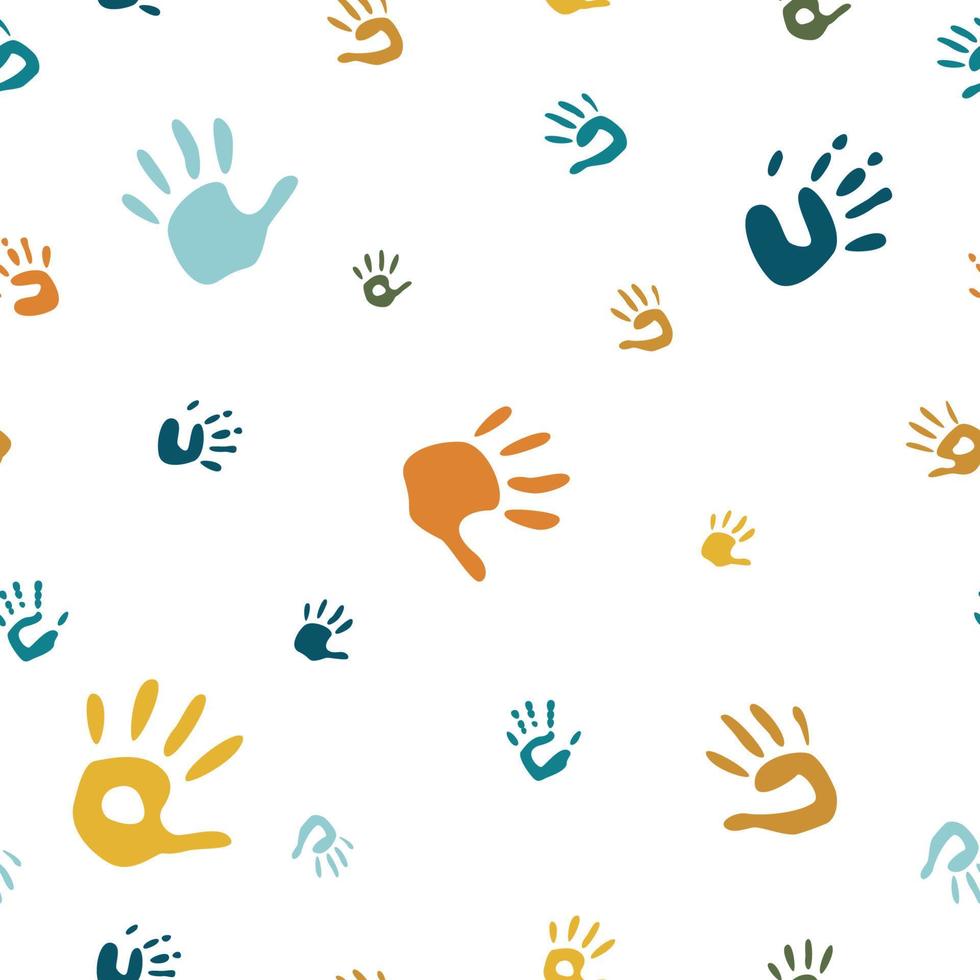 Vector flat hand drawn seamless pattern with hand print, palm stamp, fingers silhouette