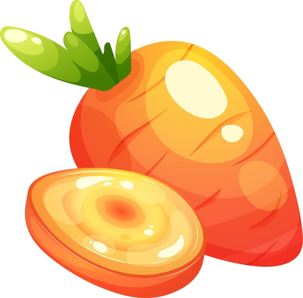 Cartoon juicy carrot with sliced round piece on transparent background. Vegetable Collection vector