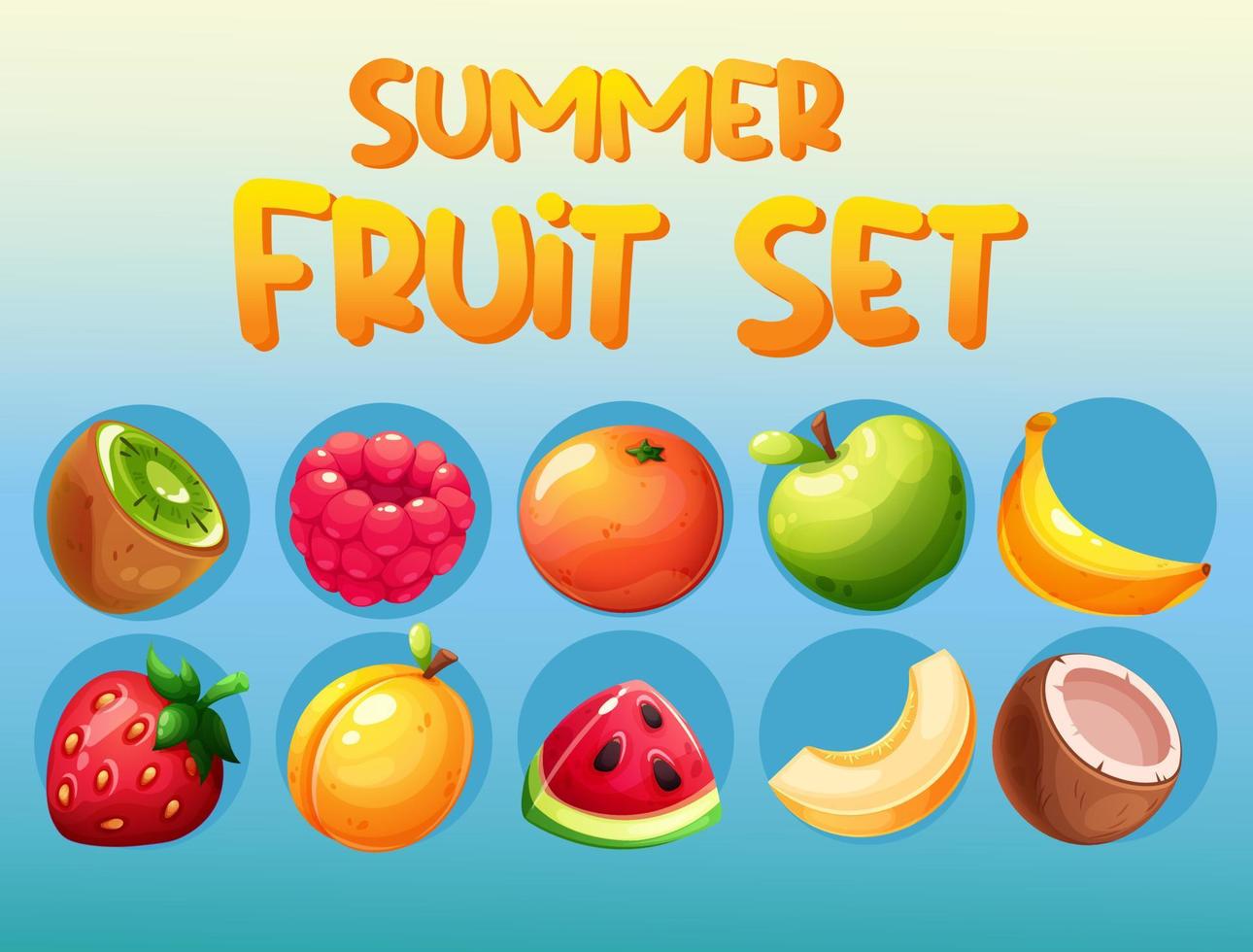 Fruity summer set. Coconut, banana, kiwi, raspberry, orange, apple, strawberry, apricot, melon, watermelon vector