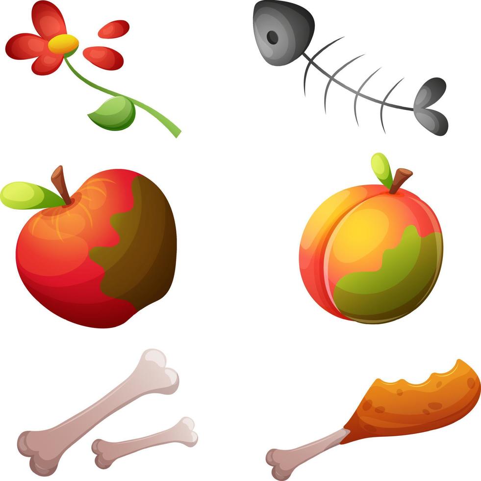 Recyclable waste, organic waste, garbage, rotten fruit, bones, uneaten food icons on transparent background. Environment protection, sustainable development, Green living, ecolife vector