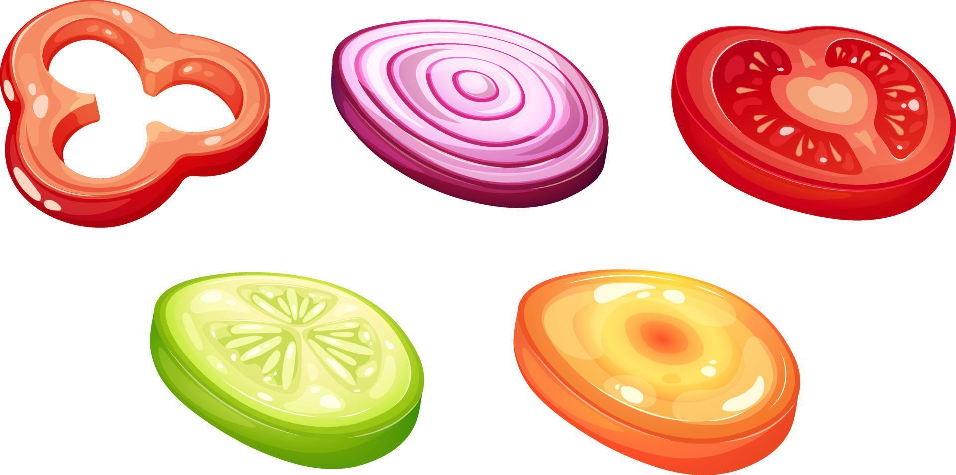 Set of slices of vegetables for salad. Sliced peppers, red onion, tomato, cucumber and carrot vector