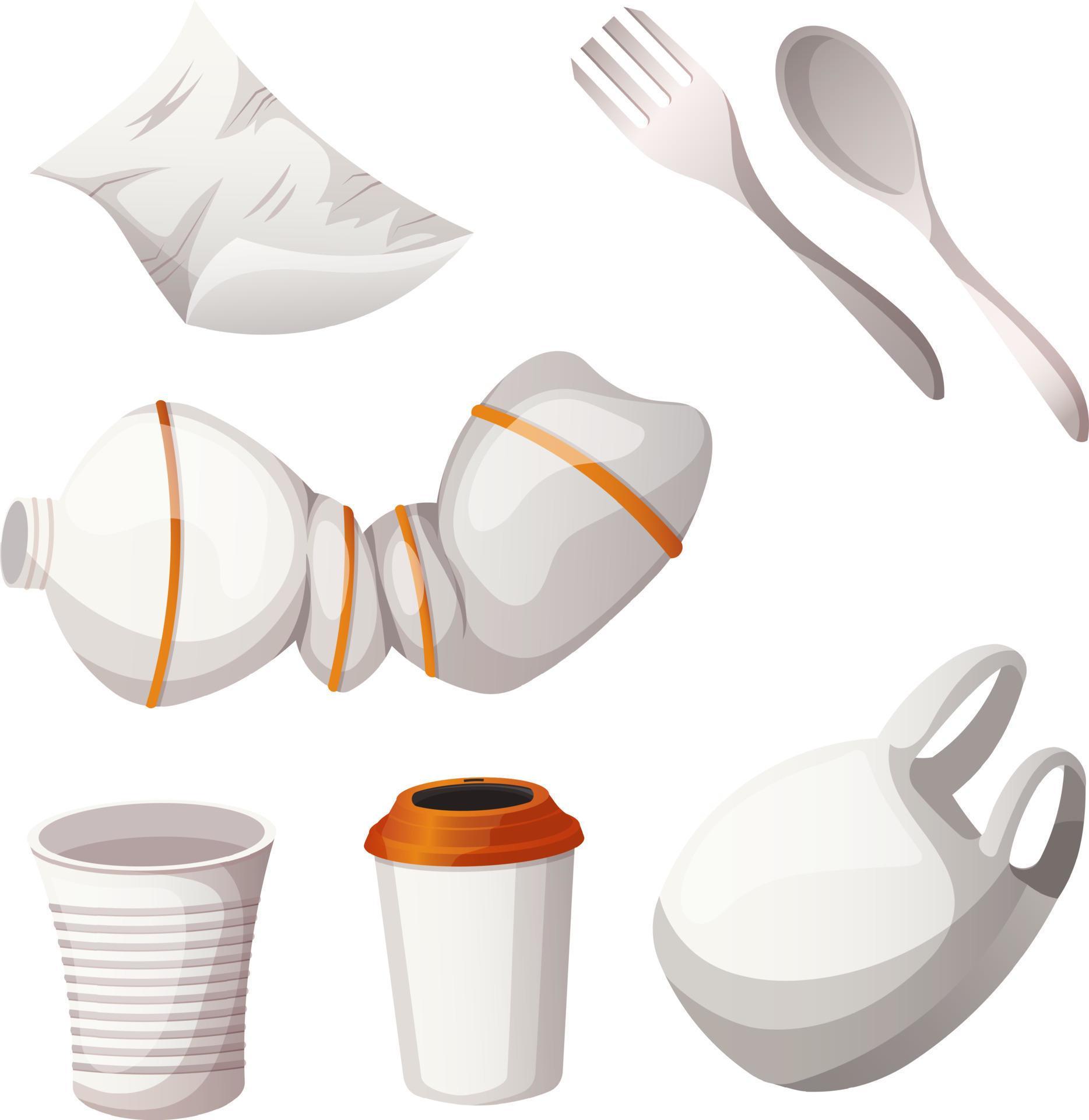 Recyclable waste, plastic trash, dishes, cups, bags icons on