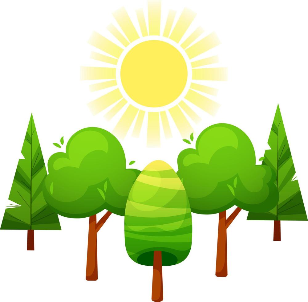 Vector illustration, icon with five green different trees and the sun above them