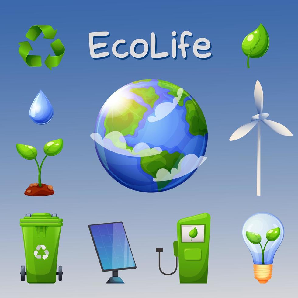Ecolife, earth day collection of cartoon style icons. Planet Earth, leaf, plant, light bulb, windmill, solar panel, car charging station, recycling vector