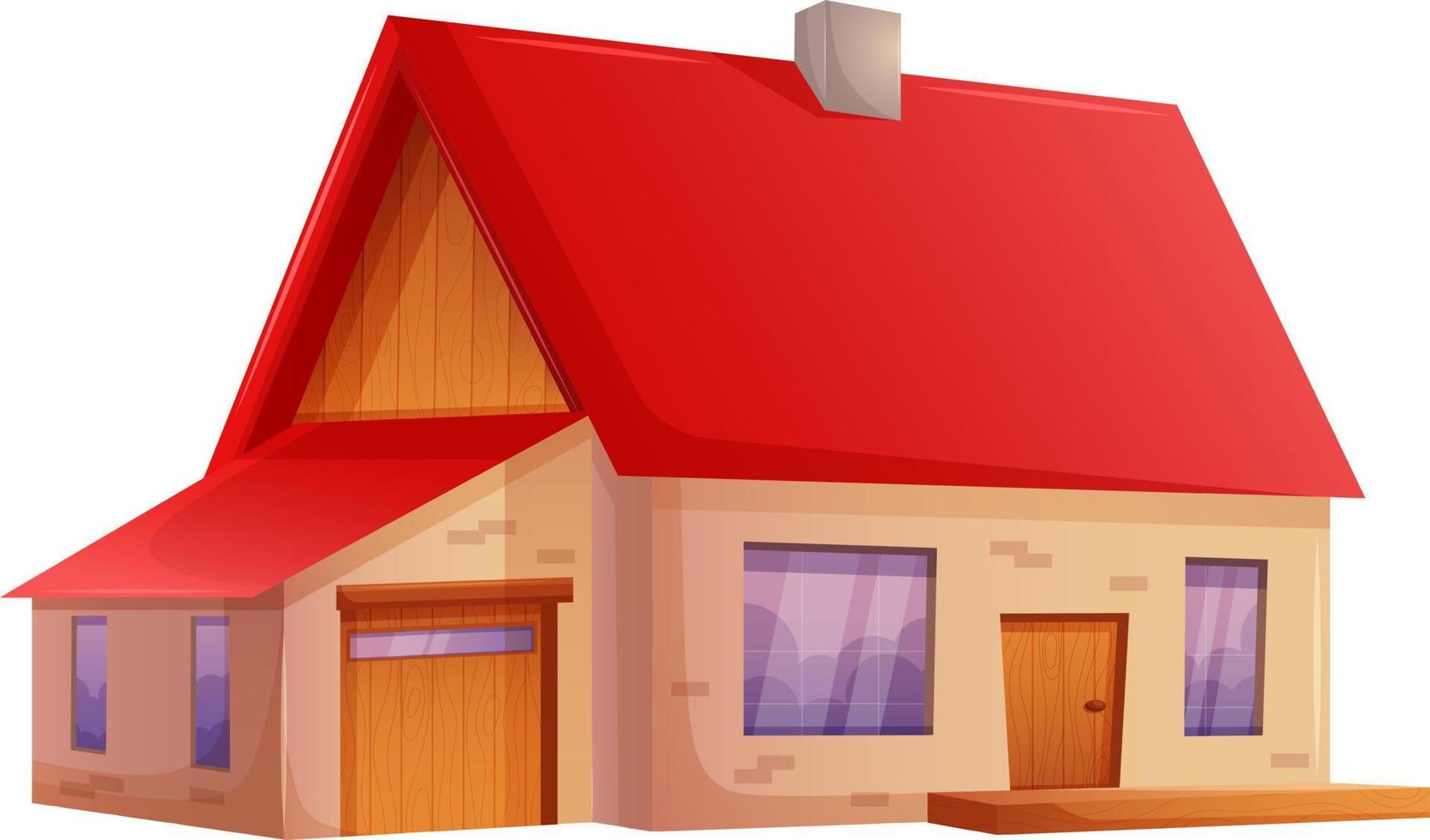 Vector image of village single story building in cartoon style. Brick house with red roof, wooden inserts, door on transparent background concept