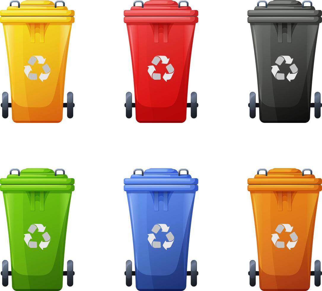 conjunto de dibujos animados basura latas para basura clasificación. reciclable residuos compartimiento. vaso, orgánico, Residuos electrónicos, papel, metal y el plastico vector