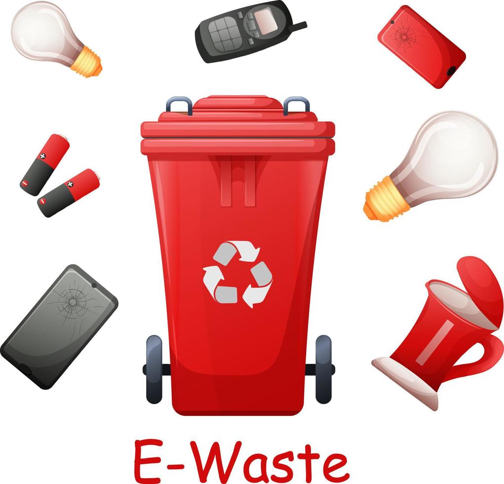 E-waste, no recyclable waste, batteries, bulb, electric kettle with dumpster.  Environment protection, sustainable development, Green living, ecolife vector