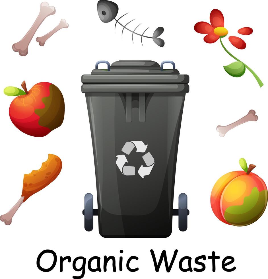 Recyclable waste, organic waste, garbage, rotten fruit, bones, uneaten food  with dumpster. Environment protection, sustainable development, Green living, ecolife vector